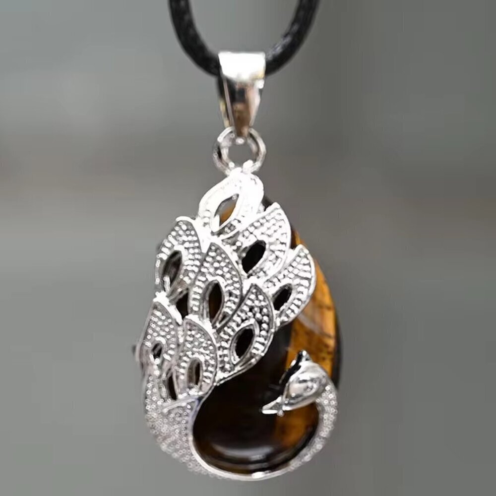 Silver and Brown Peacock Pendant Necklace, Handmade, NWOT